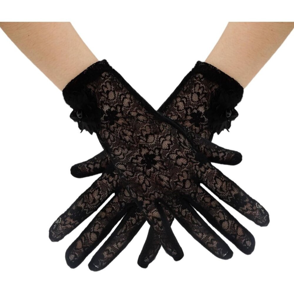 Women's Embroidery Black Short Lace Wrist Gloves Design Party Accessories